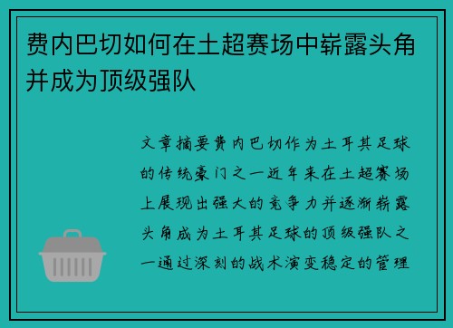 费内巴切如何在土超赛场中崭露头角并成为顶级强队