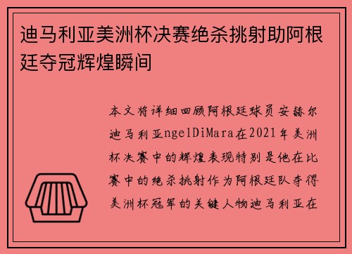 迪马利亚美洲杯决赛绝杀挑射助阿根廷夺冠辉煌瞬间