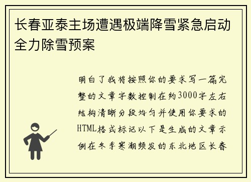 长春亚泰主场遭遇极端降雪紧急启动全力除雪预案