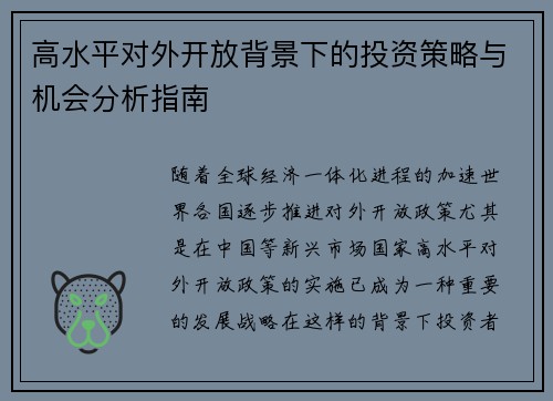 高水平对外开放背景下的投资策略与机会分析指南