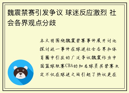 魏震禁赛引发争议 球迷反应激烈 社会各界观点分歧 魏震禁赛引发争议 球迷反应激烈 社会各界观点分歧